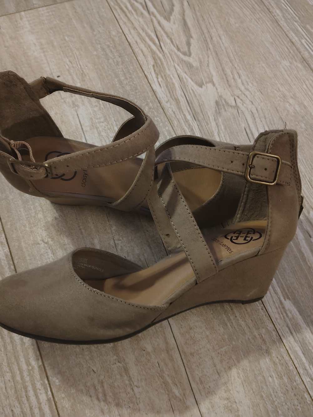 Daisy Fuentes Taupe Cross-Strap Wedge Heels